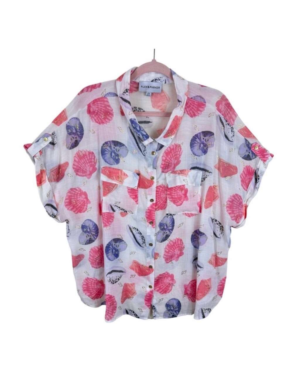 Alex & Parker‎ Colorful Conch Shell Gold Dolman Sleeve Blouse Coastal Beachy 2XL